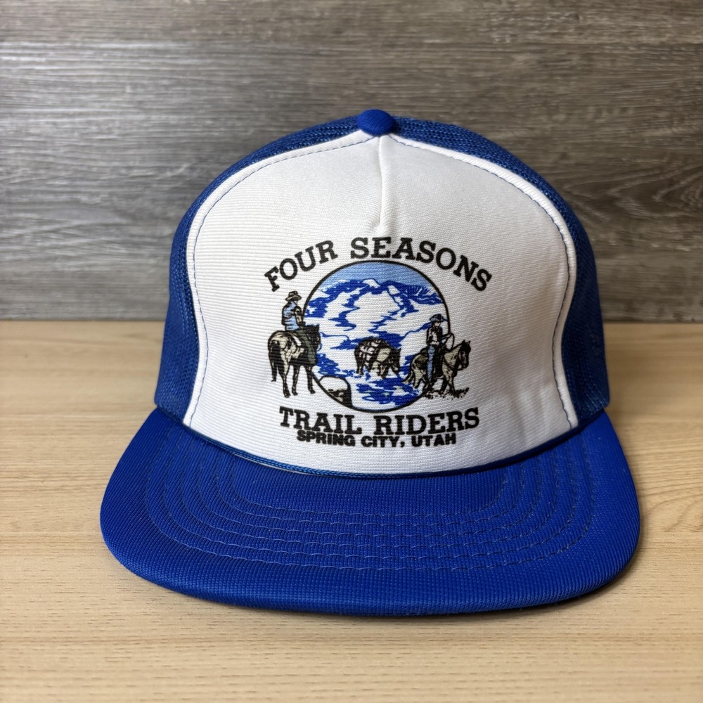 VINTAGE Four Seasons Trail Riders Hat Snap Back Trucker Blue Spring City Utah